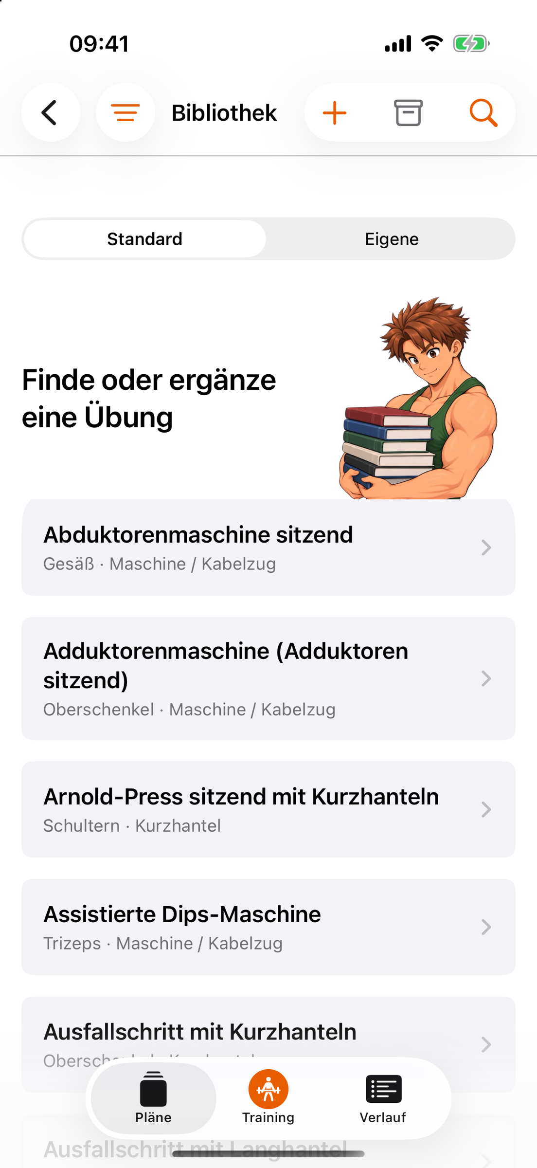 Die Bibliothek mit den Reitern Standard und Eigene: „Finde oder ergänze eine Übung“ mit Gymbro und einem Bücherstapel, darunter die Liste ab Abduktorenmaschine sitzend · Gesäß · Maschine / Kabelzug