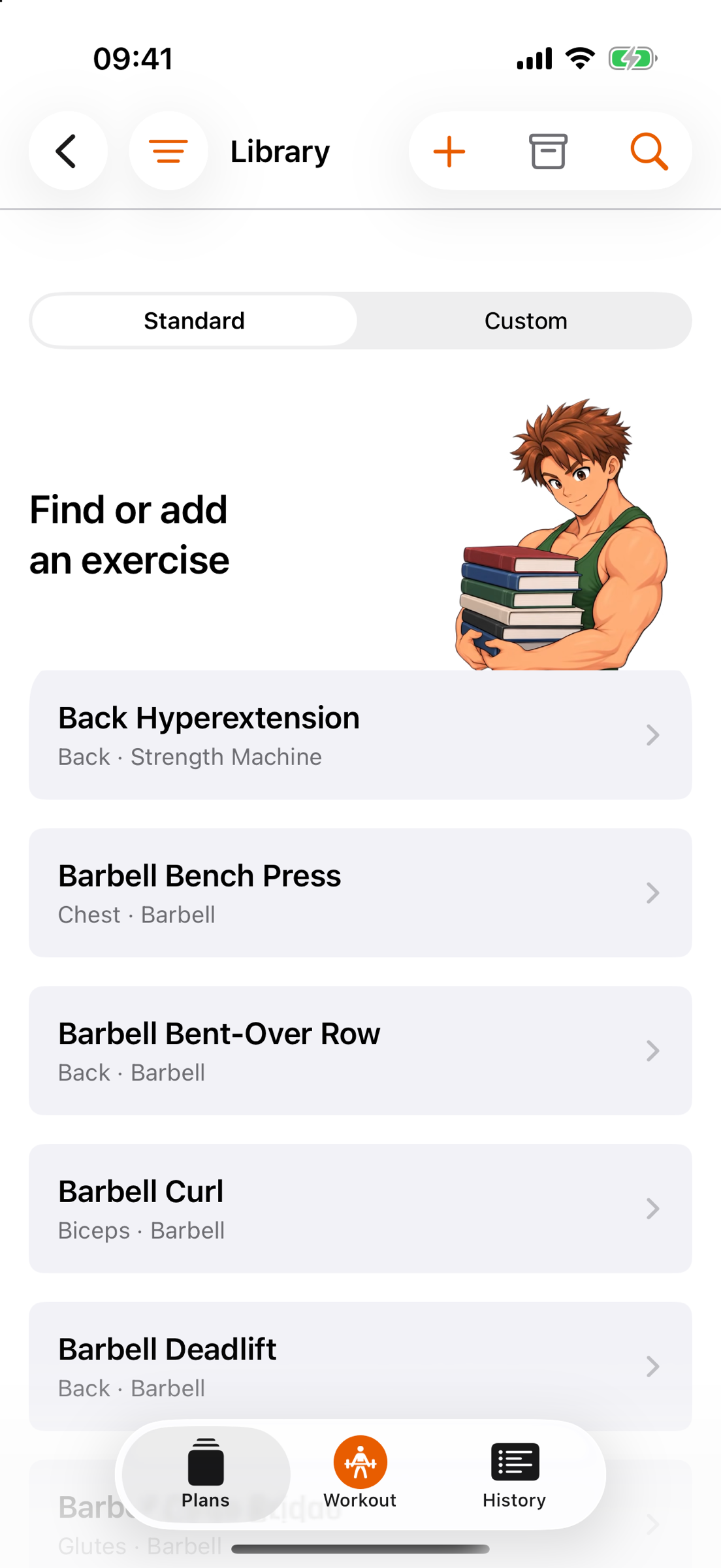 The library with the Standard and Custom tabs: “Find or add an exercise” with Gymbro and a stack of books, below it the list starting with Back Hyperextension · Back · Strength Machine