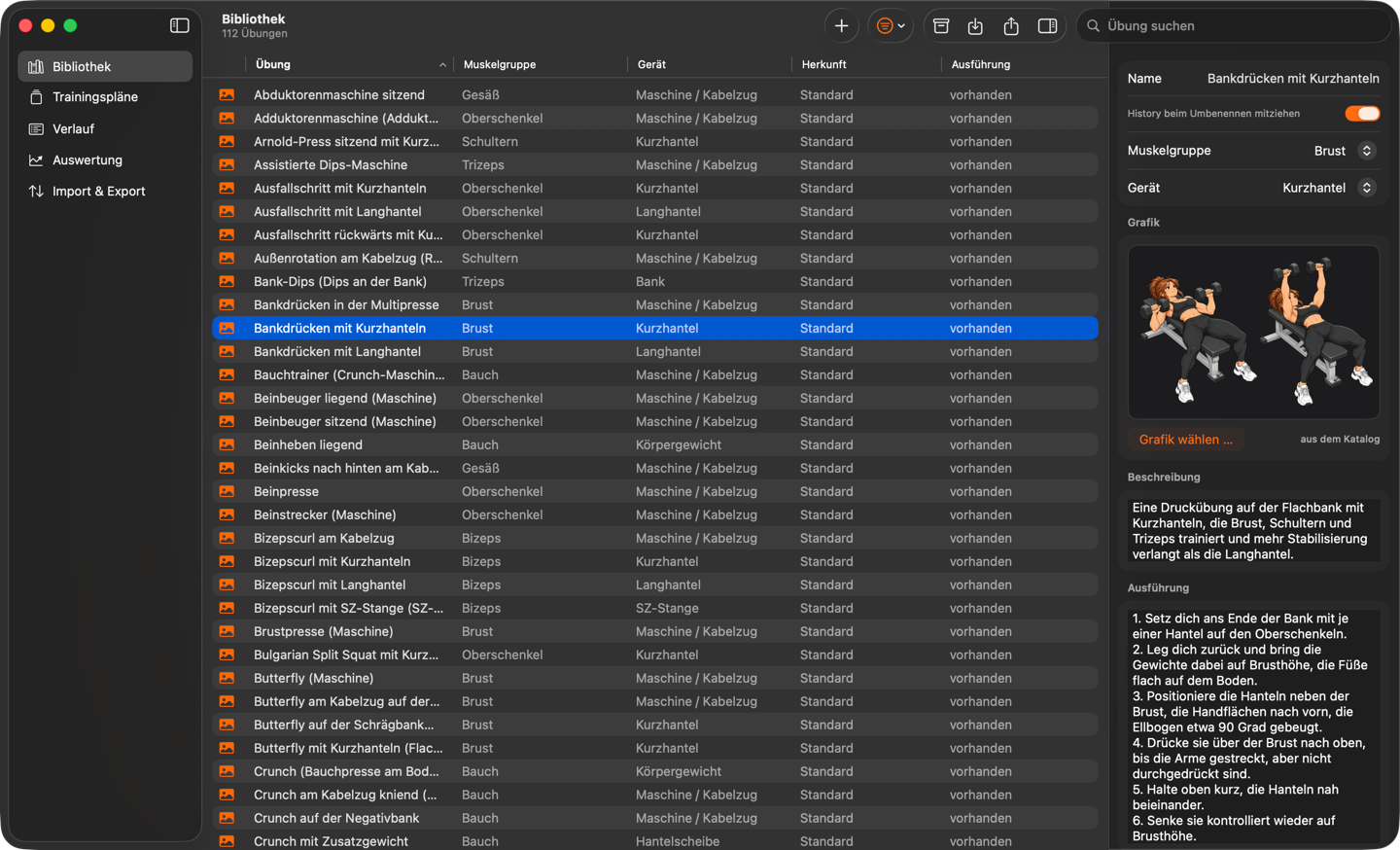 Die Mac-App: die Übungsbibliothek als Tabelle, rechts der Inspektor mit Grafik, Beschreibung und Ausführung zu Bankdrücken mit Kurzhanteln