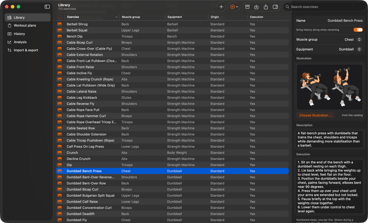 The Mac app: the exercise library as a table, with the inspector on the right showing illustration, description and execution steps for the dumbbell bench press