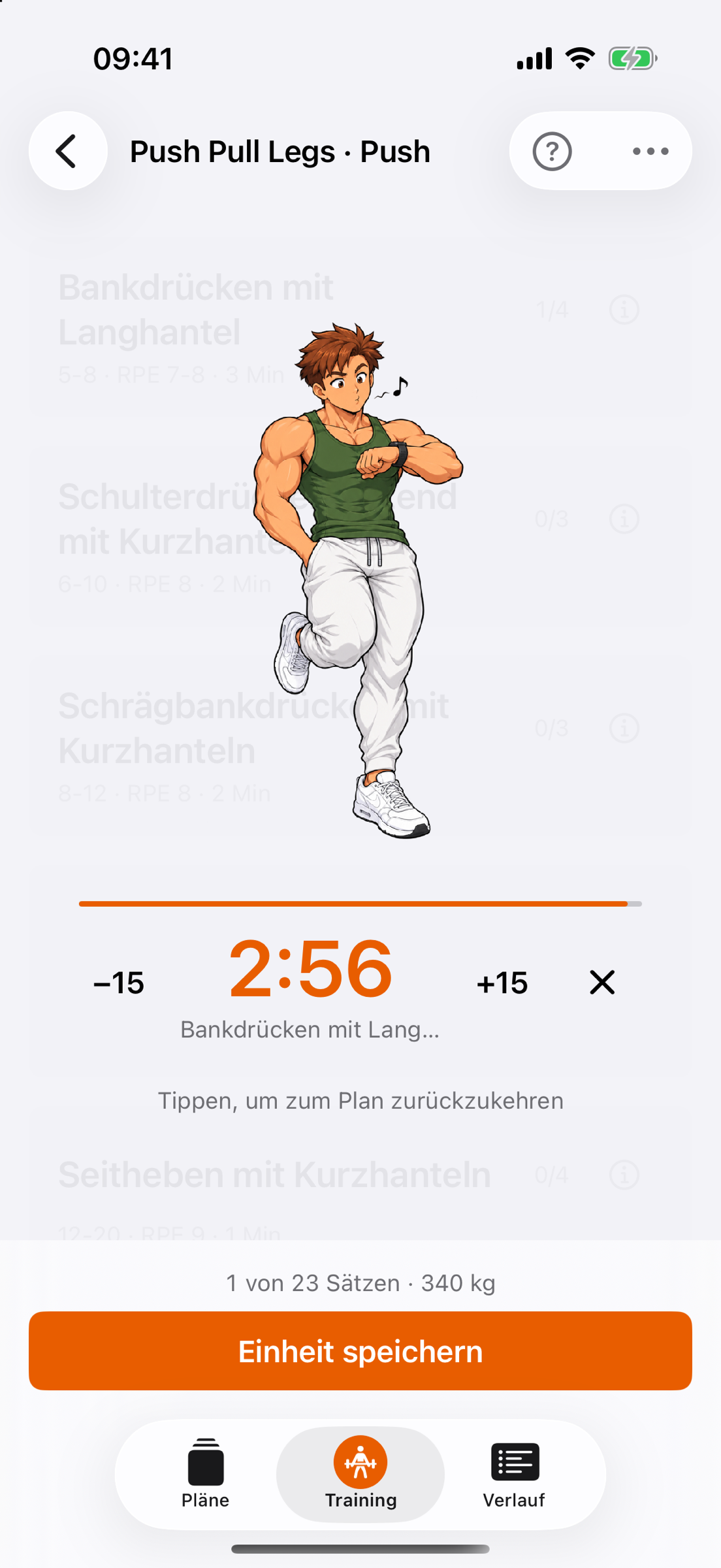 Der Pausentimer über der Einheit: Gymbro tänzelt und schaut auf seine Uhr, darunter 2:56 mit den Knöpfen −15 und +15, „Tippen, um zum Plan zurückzukehren“ und unten „1 von 23 Sätzen · 340 kg“