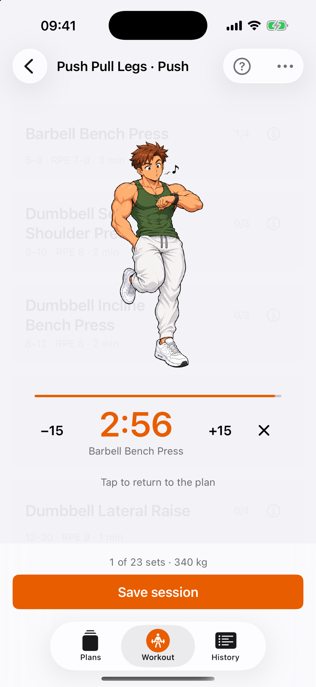The rest timer over the session: Gymbro bounces on the spot and checks his watch, below him 2:56 with the buttons −15 and +15, “Tap to return to the plan” and at the bottom “1 of 23 sets · 340 kg”