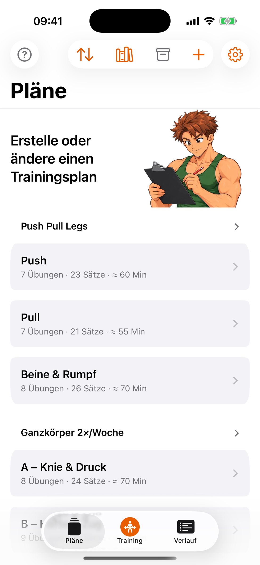 Der Reiter Pläne mit Gymbro und Klemmbrett: das Programm Push Pull Legs mit den Einheiten Push, Pull und Beine & Rumpf, darunter Ganzkörper 2×/Woche mit A – Knie & Druck und B – Hüfte & Zug, je Einheit etwa „7 Übungen · 23 Sätze · ≈ 60 Min“