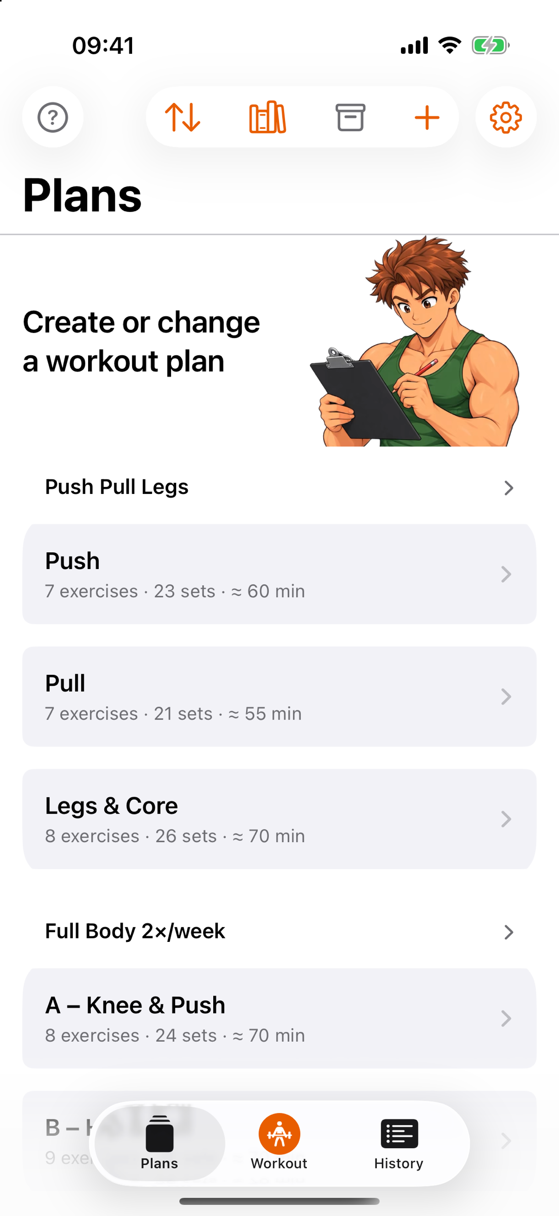 The Plans tab with Gymbro and a clipboard: the Push Pull Legs program with the sessions Push, Pull and Legs & Core, below it Full Body 2×/week with A – Knee & Push and B – Hip & Pull, each session with a line like “7 exercises · 23 sets · ≈ 60 min”