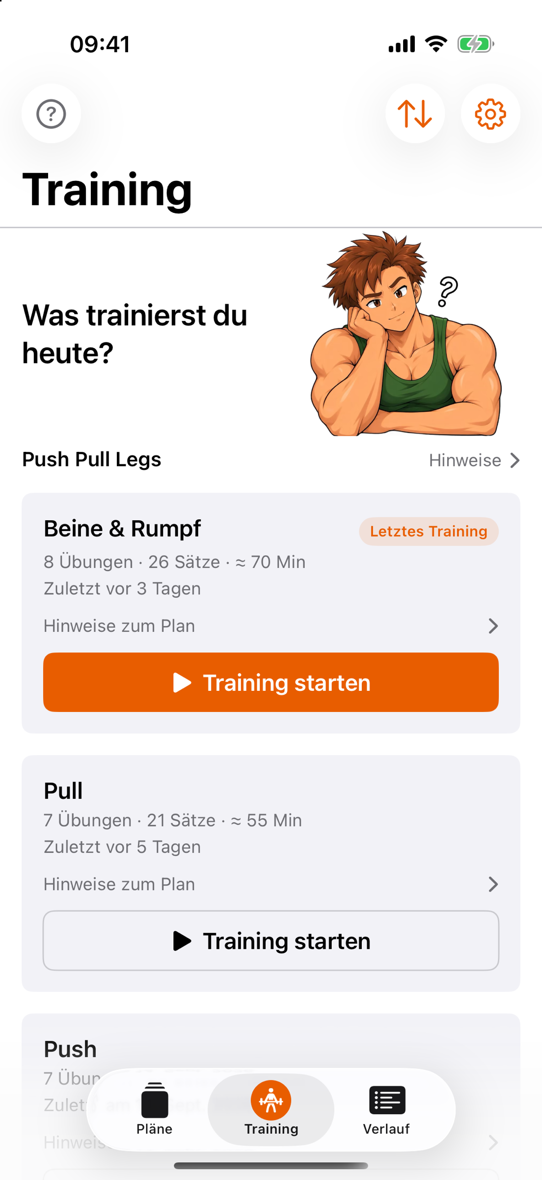 Der Reiter Training: „Was trainierst du heute?“ mit Gymbro, darunter das Programm Push Pull Legs mit den Einheiten Beine & Rumpf, Pull und Push, jede mit einem Knopf „Training starten“