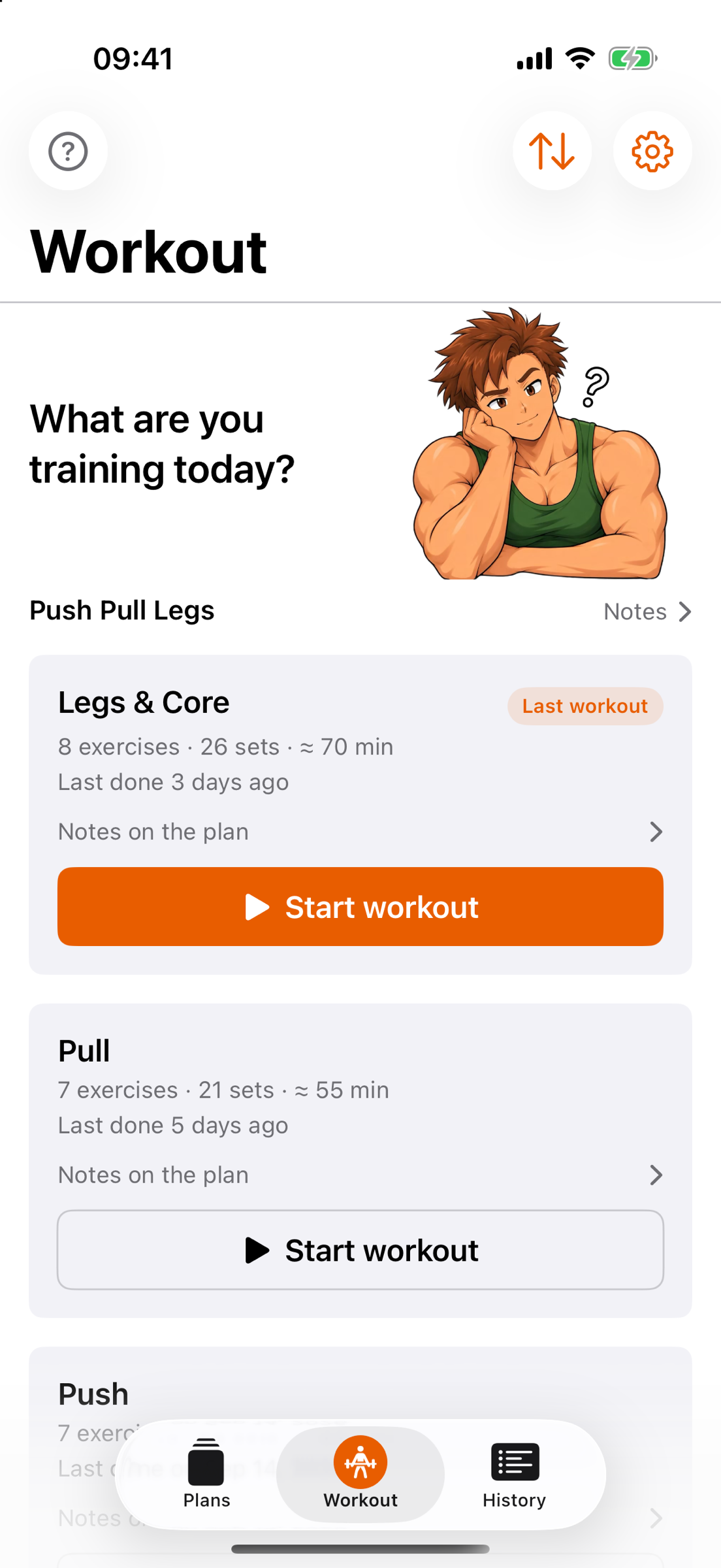 The Workout tab: “What are you training today?” with Gymbro, below it the Push Pull Legs program with the sessions Legs & Core, Pull and Push, each with a “Start workout” button