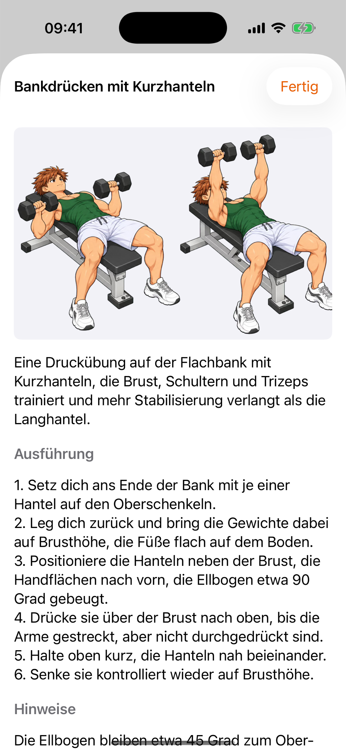 Das Info-Blatt zu Bankdrücken mit Kurzhanteln: Gymbro auf der Flachbank in Start- und Endposition, darunter Beschreibung, die Ausführung in sechs Schritten und Hinweise