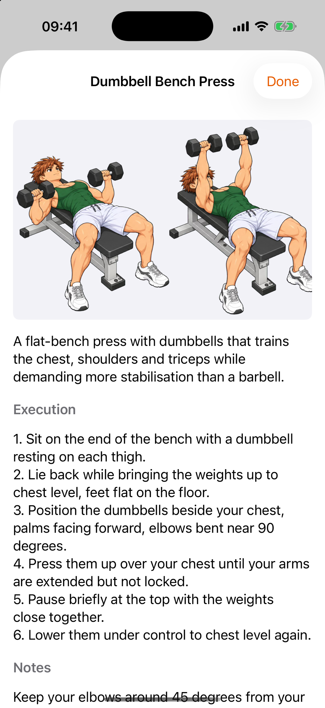 The info sheet for Dumbbell Bench Press: Gymbro on the flat bench in start and end position, below it the description, the execution in six steps and notes