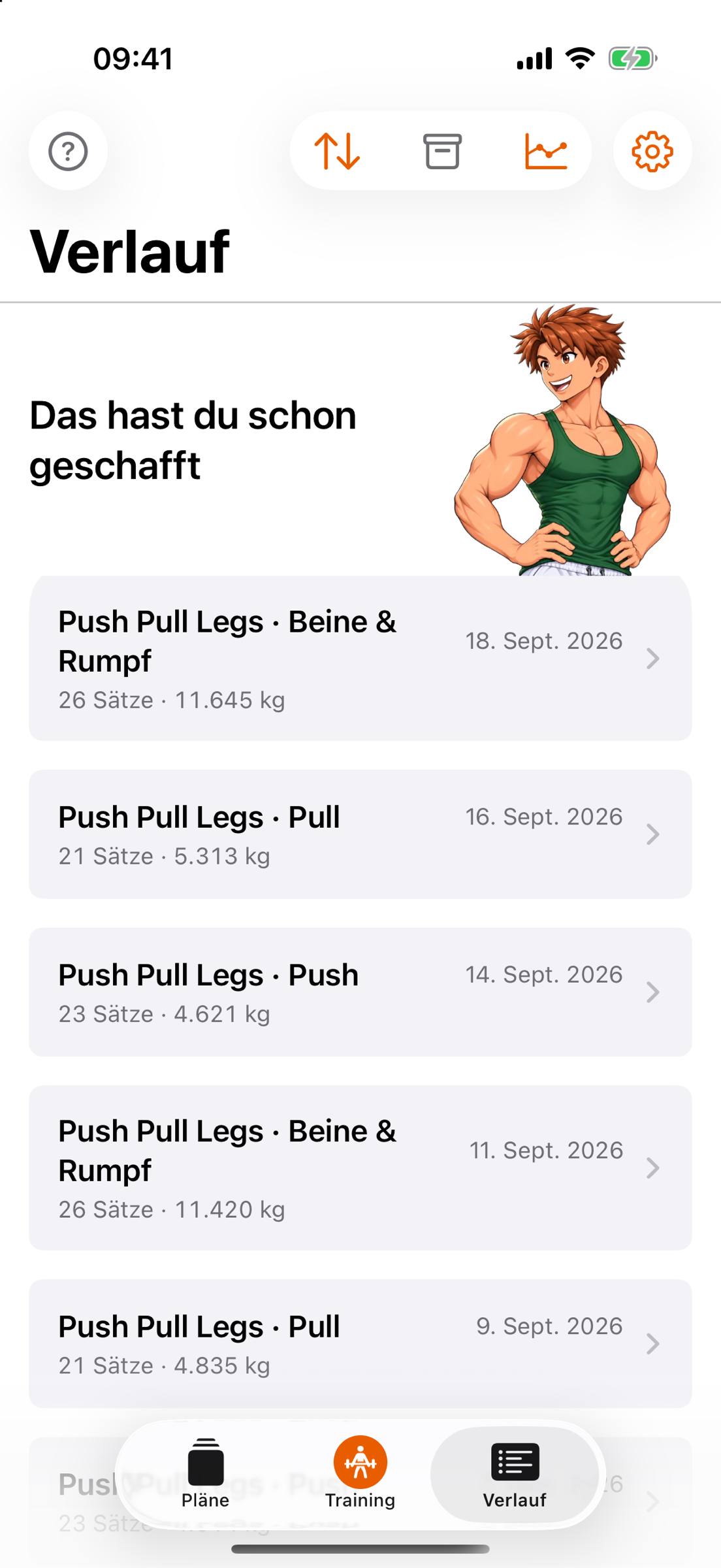 Der Reiter Verlauf: „Das hast du schon geschafft“ mit Gymbro, darunter gespeicherte Einheiten wie Push Pull Legs · Beine & Rumpf vom 18. Sept. 2026 mit 26 Sätzen und 11.645 kg