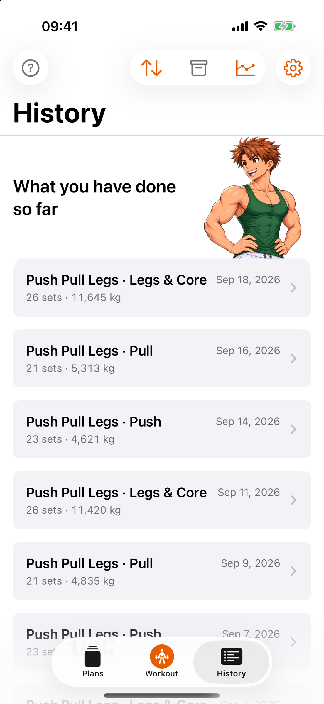 The History tab: “What you have done so far” with Gymbro, below it saved sessions such as Push Pull Legs · Legs & Core from Sep 18, 2026 with 26 sets and 11,645 kg